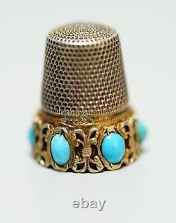 Imperial Russian Tsarist 84 Silver Turquoise Set Sewing Thimble Embroidery