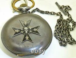 Imperial Russian officer's gunmetal&skull enamel case Moon/Calendar pocket watch