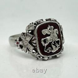 K. FABERGE Russian Imperial 88 Silver Enamel Ring with St. George