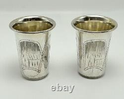 Lot of 2 ANTIQUE Imperial RUSSIAN 84 SILVER SHOT GLASSES HAND ENGRAVED, 26.5g