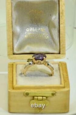 Magnificent antique Imperial Russian Faberge 14k gold, Diamonds&Amethist ring. Box