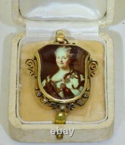 One of a Kind Antique Imperial Russian Locket 18k Gold Enamel Empress Catherine