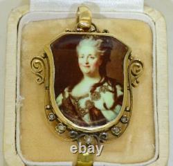 One of a Kind Antique Imperial Russian Locket 18k Gold Enamel Empress Catherine