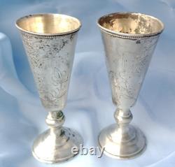 Pair Antique Imperial Russian 84 Silver Shot Glasses Etched 48g Tsarist Russia