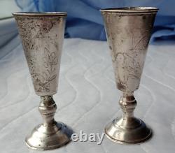 Pair Antique Imperial Russian 84 Silver Shot Glasses Etched 48g Tsarist Russia