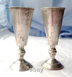 Pair Antique Imperial Russian 84 Silver Shot Glasses Etched 48g Tsarist Russia