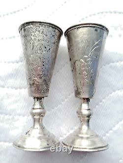 Pair Antique Imperial Russian 84 Silver Shot Glasses Etched 48g Tsarist Russia