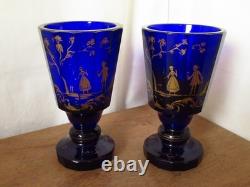 Pair Of Antique Imperial Russian Hand Painted Gold Cobalt Blue Glass Goblets