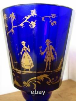 Pair Of Antique Imperial Russian Hand Painted Gold Cobalt Blue Glass Goblets