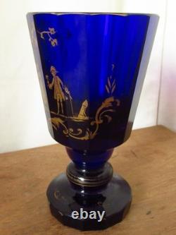 Pair Of Antique Imperial Russian Hand Painted Gold Cobalt Blue Glass Goblets