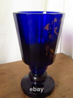Pair Of Antique Imperial Russian Hand Painted Gold Cobalt Blue Glass Goblets