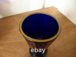 Pair Of Antique Imperial Russian Hand Painted Gold Cobalt Blue Glass Goblets