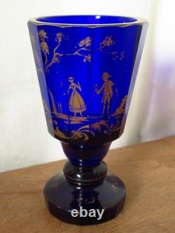 Pair Of Antique Imperial Russian Hand Painted Gold Cobalt Blue Glass Goblets