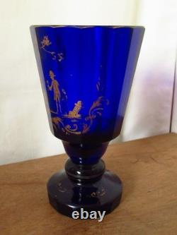 Pair Of Antique Imperial Russian Hand Painted Gold Cobalt Blue Glass Goblets