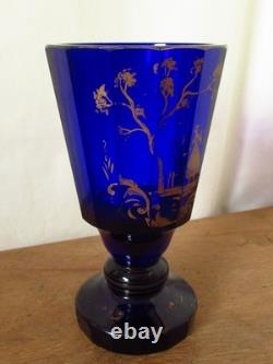 Pair Of Antique Imperial Russian Hand Painted Gold Cobalt Blue Glass Goblets