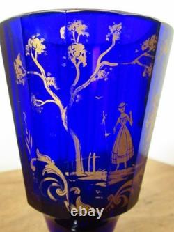 Pair Of Antique Imperial Russian Hand Painted Gold Cobalt Blue Glass Goblets