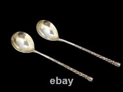 Pair of Antique Imperial Russian Niello Enamel 84 Silver Gilded Caviar Spoons