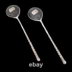 Pair of Antique Imperial Russian Niello Enamel 84 Silver Gilded Caviar Spoons