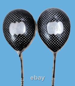 Pair of Antique Imperial Russian Niello Enamel 84 Silver Gilded Caviar Spoons
