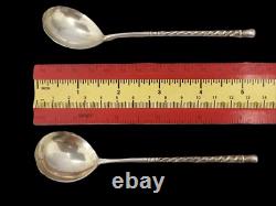 Pair of Antique Imperial Russian Niello Enamel 84 Silver Gilded Caviar Spoons