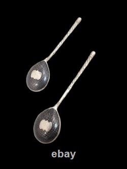 Pair of Antique Imperial Russian Niello Enamel 84 Silver Gilded Caviar Spoons