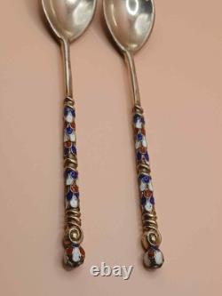 Pair of Imperial Russian 84 silver and enamel spoons