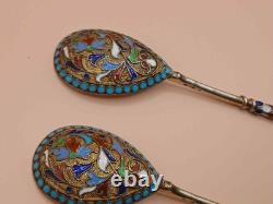 Pair of Imperial Russian 84 silver and enamel spoons