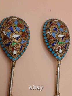 Pair of Imperial Russian 84 silver and enamel spoons