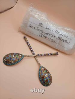 Pair of Imperial Russian 84 silver and enamel spoons