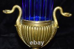 RARE Antique Russian Imperial Cobalt Cut to Clear Crystal & Bronze/Brass Vase