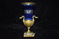 RARE Antique Russian Imperial Cobalt Cut to Clear Crystal & Bronze/Brass Vase