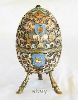 RARE LARGE RUSSIAN IMPERIAL SILVER and ENAMEL EGG, Ivan Lebyodkin