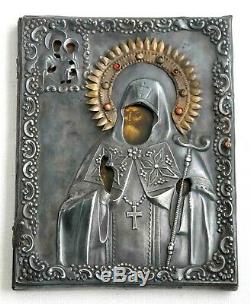 RUSSIAN IMPERIAL ORTHODOX RELIGIOUS 84 SILVER ICON St. MITROPHAN OIL PAINTING