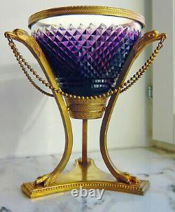 Rare Antique Empire Russian Glass Amethyst Vase Gilt Bronze, Diamond Engraving