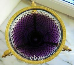 Rare Antique Empire Russian Glass Amethyst Vase Gilt Bronze, Diamond Engraving