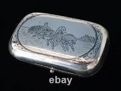 Rare Antique Imperial 84 Russian Niello Silver Cigarette Vesta Case Horse Sleigh