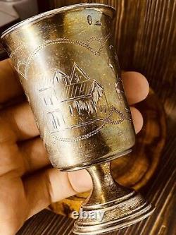 Rare Antique Imperial Russian 84 Silver Shot Glasses Etched 61gr #5623