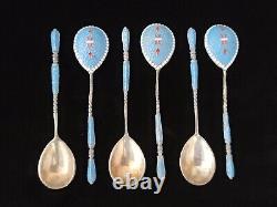 Rare Antique Imperial Russian Cloisonne Enamel 84 Silver Tea Spoon Set 6 Russia