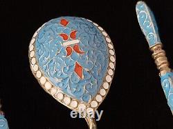 Rare Antique Imperial Russian Cloisonne Enamel 84 Silver Tea Spoon Set 6 Russia