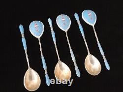 Rare Antique Imperial Russian Cloisonne Enamel 84 Silver Tea Spoon Set 6 Russia