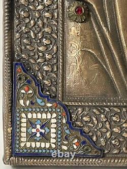 Rare Antique Yaroslavl School Imperial Russian Icon In 84 Enameled Silver Oklad