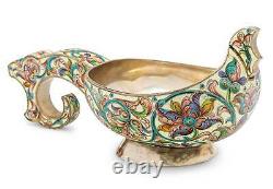 Rare Large Russian Imperial Silver & Shaded Enamel Kovsh