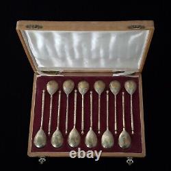 Rare Original Antique Imperial Russian Silver Gold Wash Tea Spoon Set Wood Case