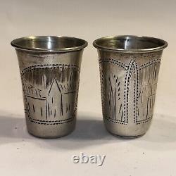 Rare Pair of Antique Imperial Russian 84 Silver Shot Glasses Etched 24.5 Grams