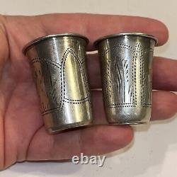 Rare Pair of Antique Imperial Russian 84 Silver Shot Glasses Etched 24.5 Grams
