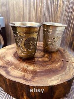 Rare Pair of Antique Imperial Russian 84 Silver Shot Glasses Etched 51gr #5622