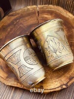 Rare Pair of Antique Imperial Russian 84 Silver Shot Glasses Etched 51gr #5622