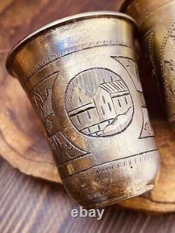 Rare Pair of Antique Imperial Russian 84 Silver Shot Glasses Etched 51gr #5622