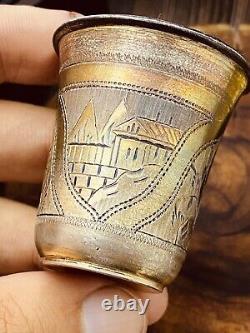 Rare Pair of Antique Imperial Russian 84 Silver Shot Glasses Etched 51gr #5622