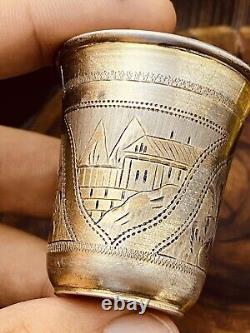 Rare Pair of Antique Imperial Russian 84 Silver Shot Glasses Etched 51gr #5622